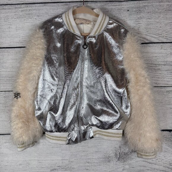 Hannah Banana Zippered Silver and Faux Fur Jeweled Sleeves Bomber Jacket Sz 5